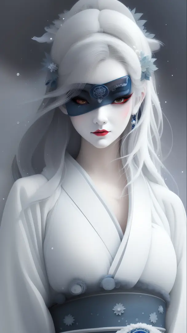 a close up of a woman with a mask on her face, white haired deity, the piercing stare of yuki onna, stunning anime face portrait...