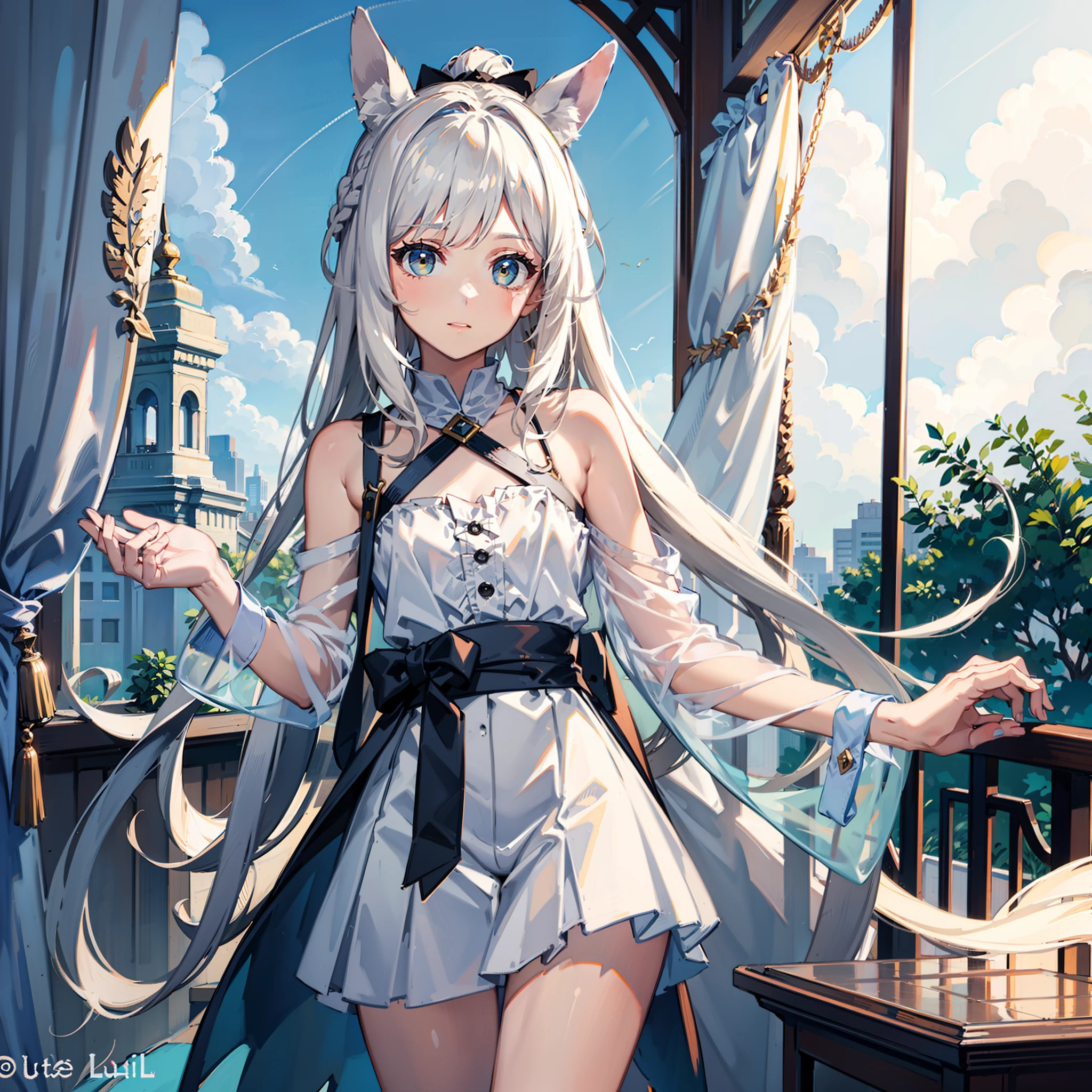 Masterpiece, Best quality, High quality, 1girll，Solo, Male focus, view the viewer, White horse ears，Long white single ponytail hair，white color hair，Long hair and waist，Flat bangs，Lunette de soleil