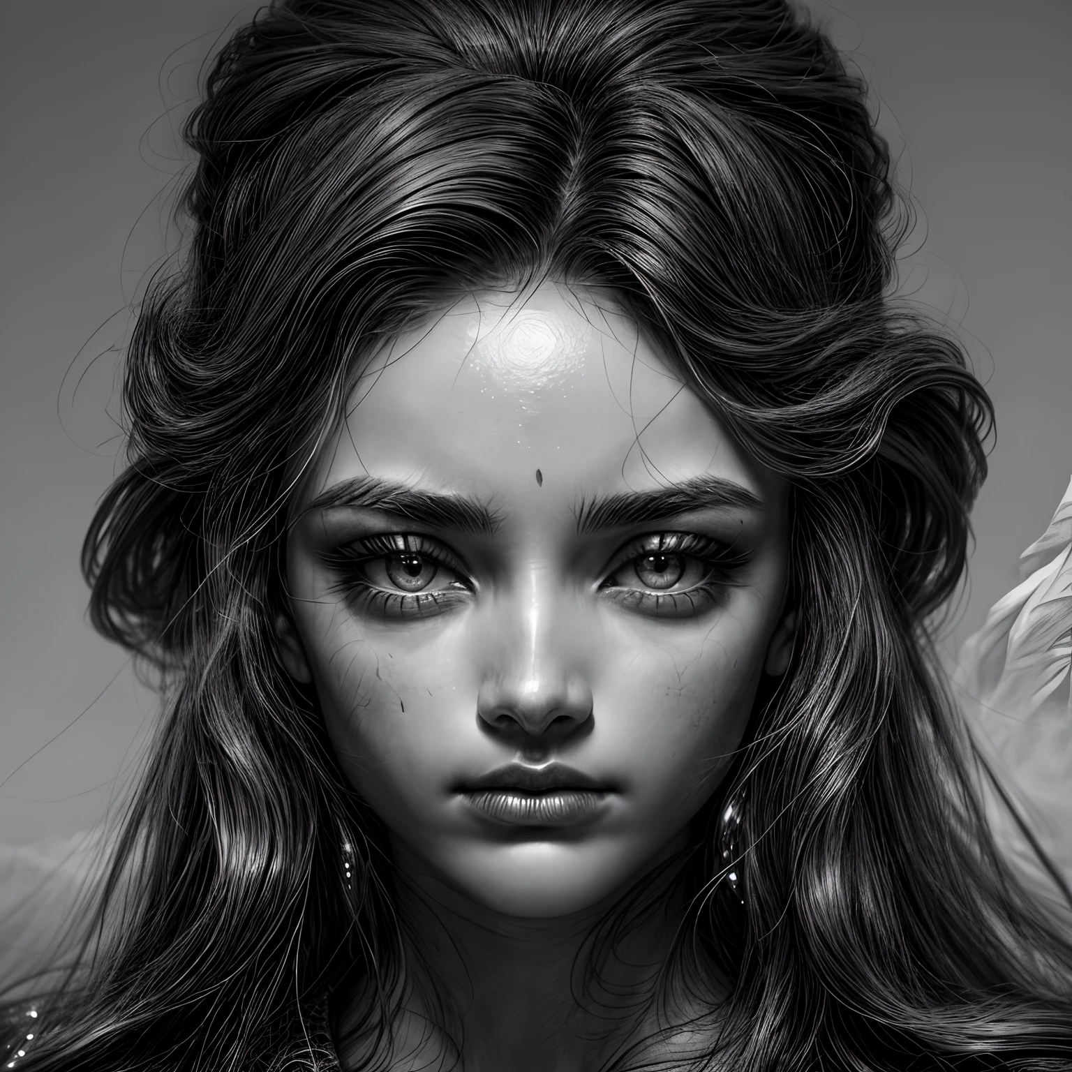 A zoomed-in view of a woman's face, captured in black and white, her eyes gazing directly at the viewer with an intense expression, her features etched with a sense of mystery and allure, surrounded by wisps of fog, adding an ethereal touch, Sculpture, carved from marble, singlelineart style