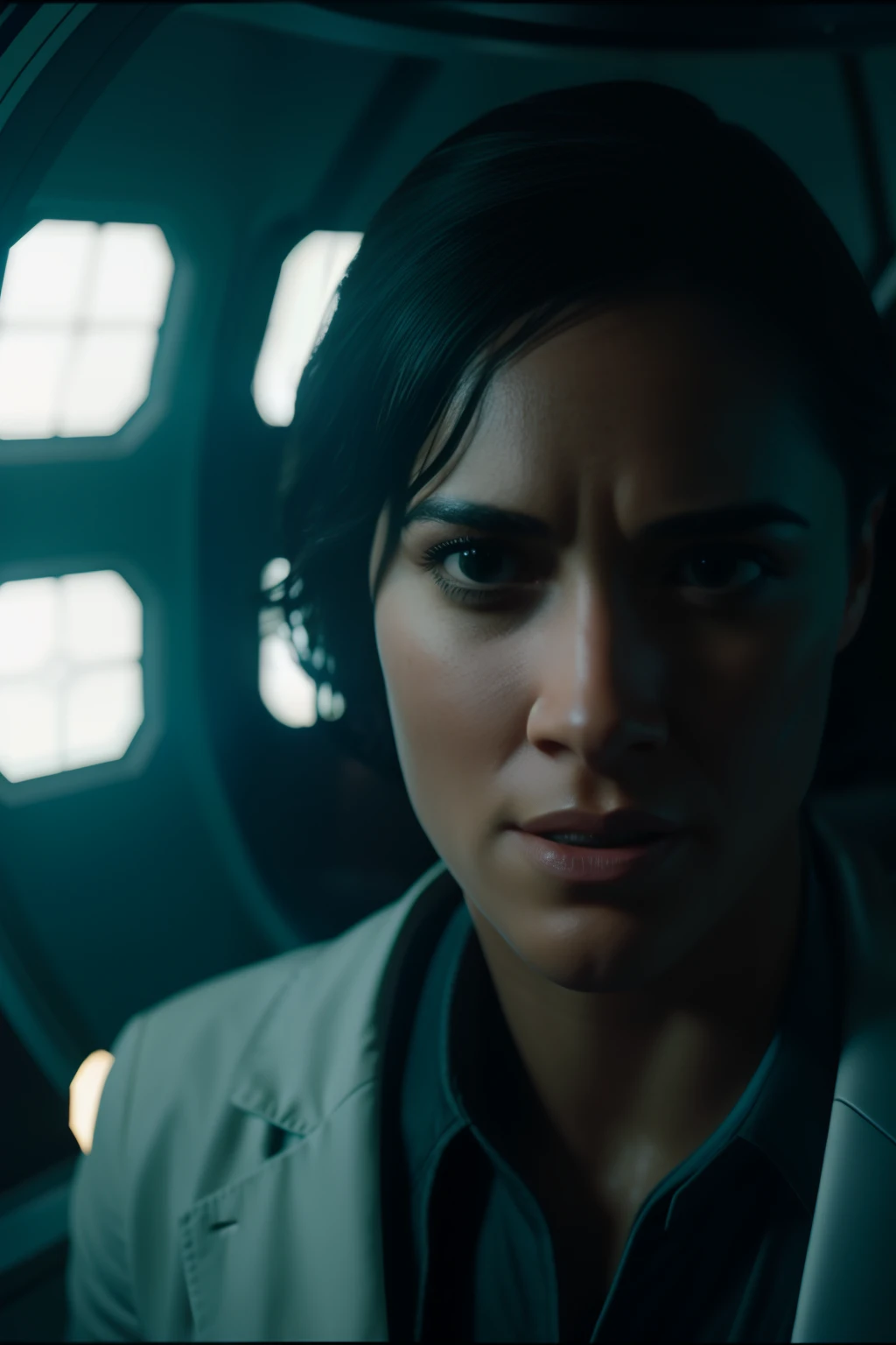 Paula Patton als Science-Fiction-Wissenschaftlerin bei der Arbeit an einem Ishimura-Raumschiff, natürliches Licht, Fotorealismus, Kinoreifes Rendering, Raytracing, die höchste Qualität, das höchste Detail, filmisch, Blick aus der dritten Person, Unschärfeeffekt, lange Exposition, 8K, Ultra-HD, natürliche Beleuchtung, stimmungsvolle Beleuchtung, filmisch Lighting