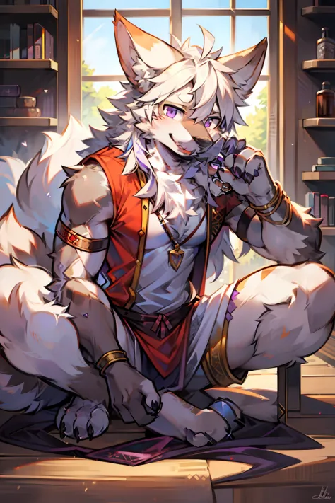 solo person，shaggy male，hairy bodies，shoun，coyote，canid，grey fur，Long white hair，The ends of the hair are purple，Purple eye，Bind...