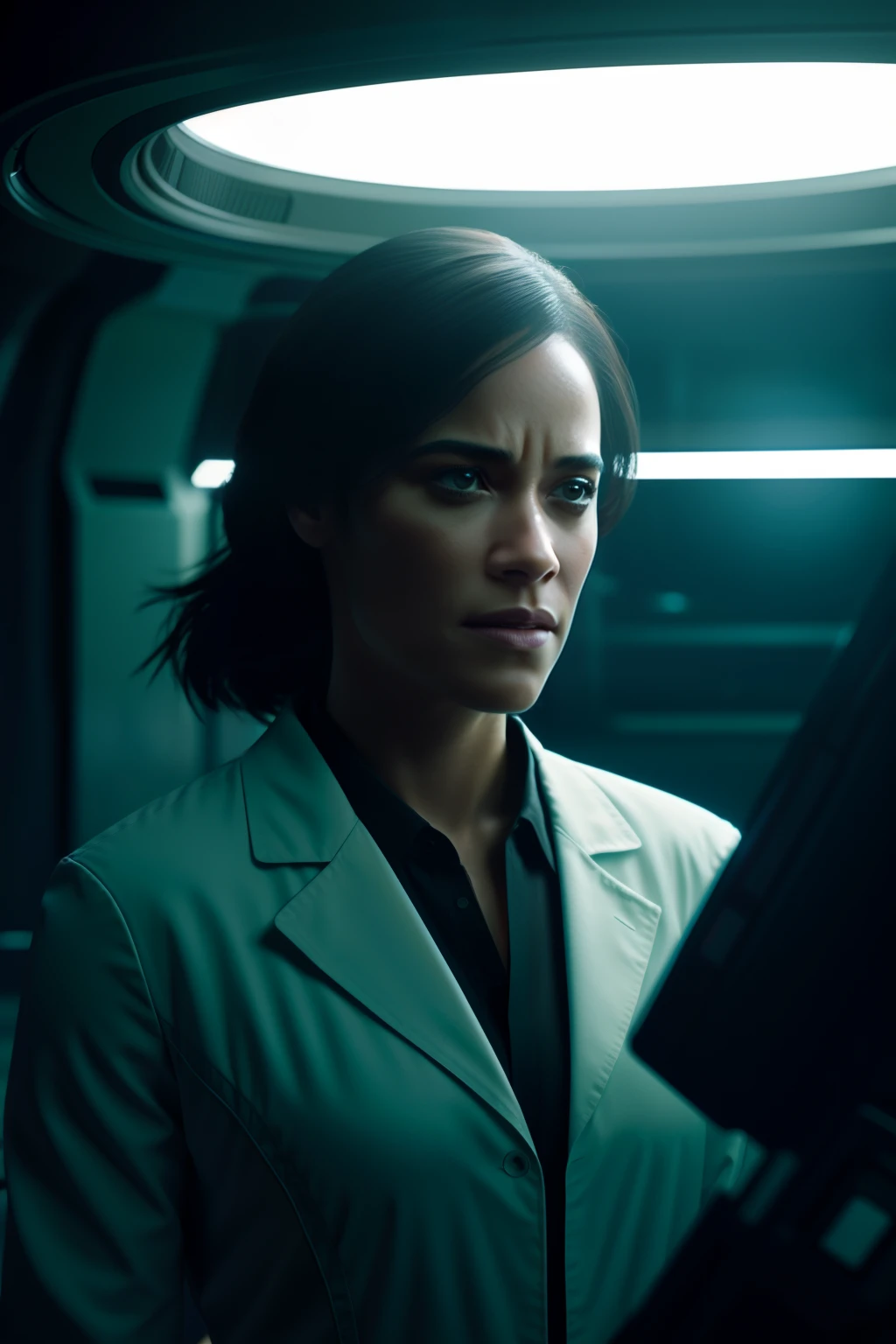 Paula patton as a Sci fi scientist working on a Ishimura space Ship photography, natural light, photorealism, cinematic rendering, ray tracing, the highest quality, the highest detail, Cinematic, Third-Person View, Blur Effect, Long Exposure, 8K, Ultra-HD, Natural Lighting, Moody Lighting, Cinematic Lighting