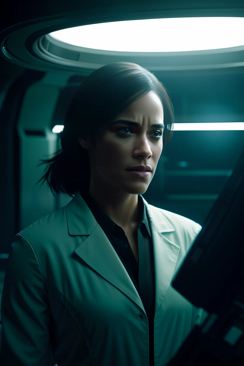 Paula patton como uma cientista de ficção científica trabalhando em uma fotografia da nave espacial Ishimura, Luz natural, fotorrealismo, renderização cinematográfica, rastreamento de raios, a mais alta qualidade, o maior detalhe, Cinematic, Visão em terceira pessoa, Efeito de desfoque, Exposição longa, 8K, Ultra-HD, iluminação natural, iluminação temperamental, iluminação cinematográfica