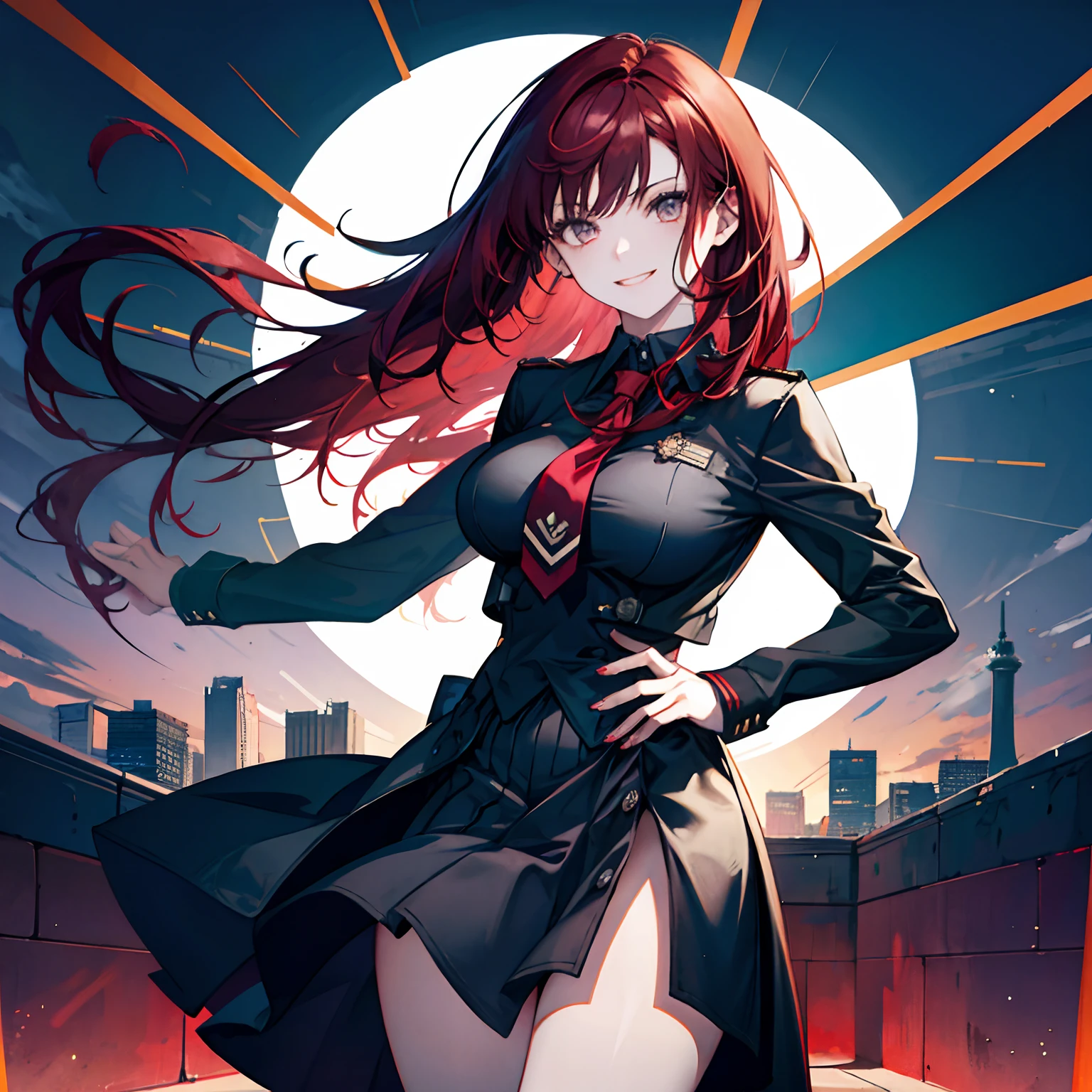 A woman in a black dress and red hair standing in front of a full moon -  SeaArt AI