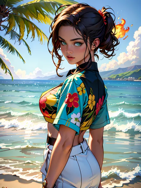 1 girl looking at Hawaii Lahaina burning fire in the back, beautiful face, green eyes, 1 girl painting from the water view, styl...