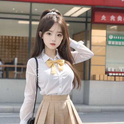 （8K，best qualtiy，tmasterpiece：1.2），realisticlying，超高分辨率，intricately details， 1girll，beautiful  face，JK，white  shirt，yellow bow，n...