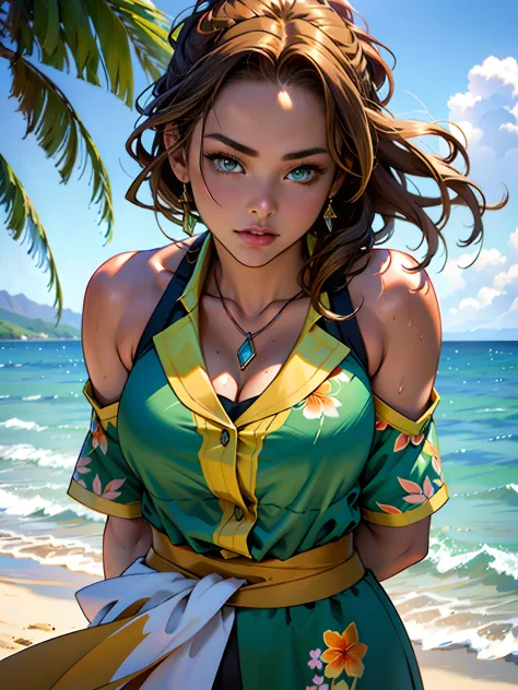 1 girl looking at Hawaii Lahaina burning fire in the back, beautiful face, green eyes, 1 girl painting from the water view, styl...