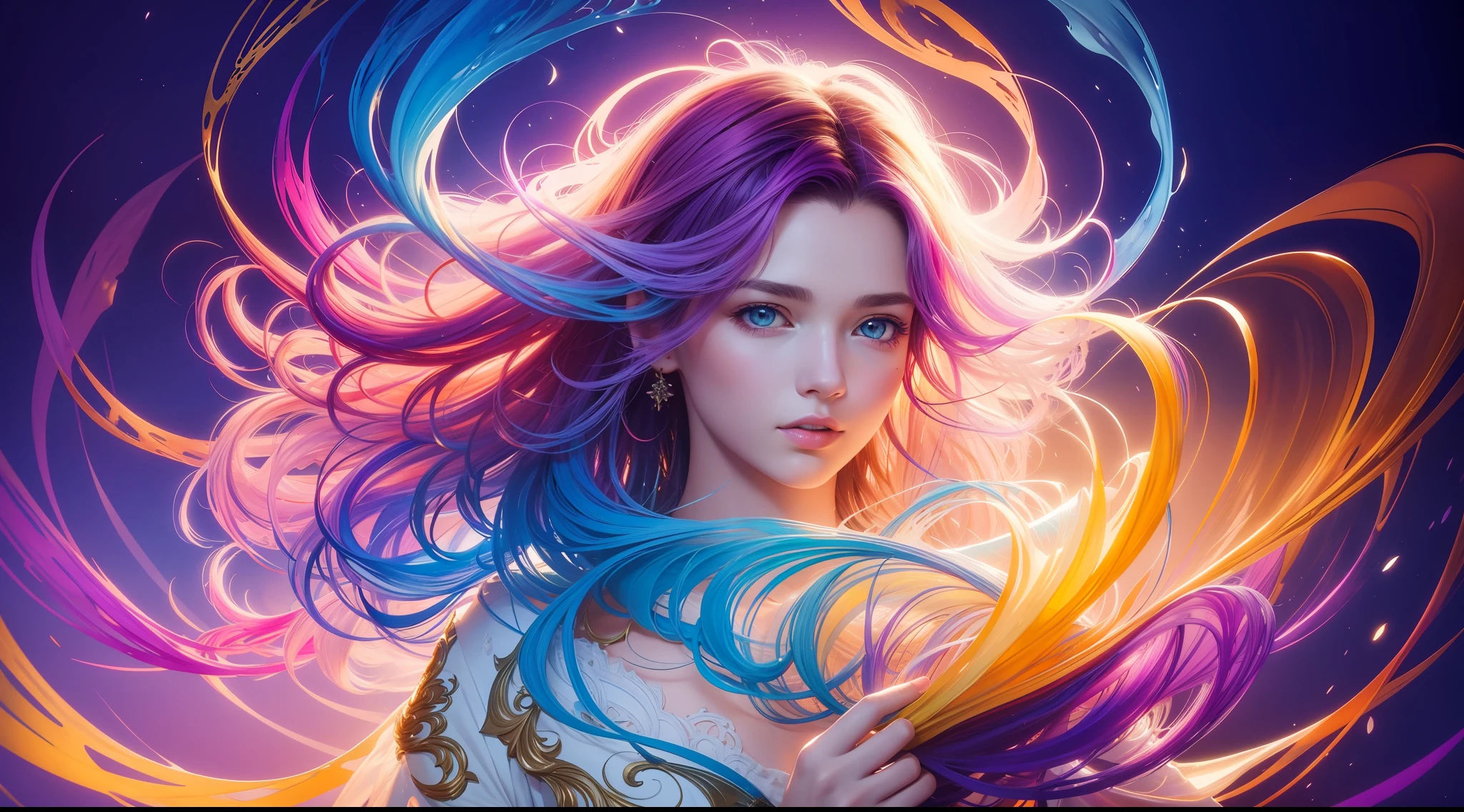 Colorful beautiful girl: messy hair, oil painting, nice perfect face with soft skinice perfect face, blue yellow colors, light purple and violet additions, light red additions, intricate detail, splash screen, 8k resolution, masterpiece, cute face,artstation digital painting smooth veryBlack ink flow: 8k resolution photorealistic masterpiece: intricately detailed fluid gouache painting: by Jean Baptiste Mongue: calligraphy: acrylic: watercolor art, professional photography, natural lighting, volumetric lighting maximalist photoillustration: by marton bobzert:, complex, elegant, expansive, fantastical,  wavy hair, vibrant