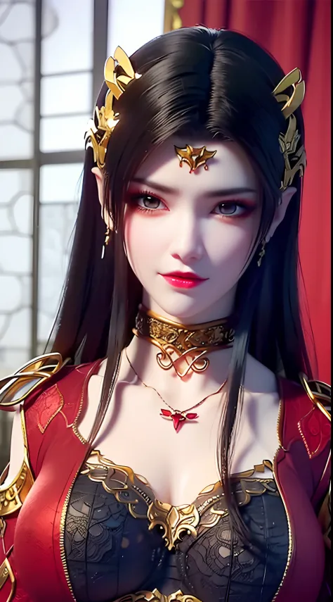 1 very beautiful queen medusha in hanfu dress, thin red silk shirt with many yellow motifs, black lace top, long hair dyed black...