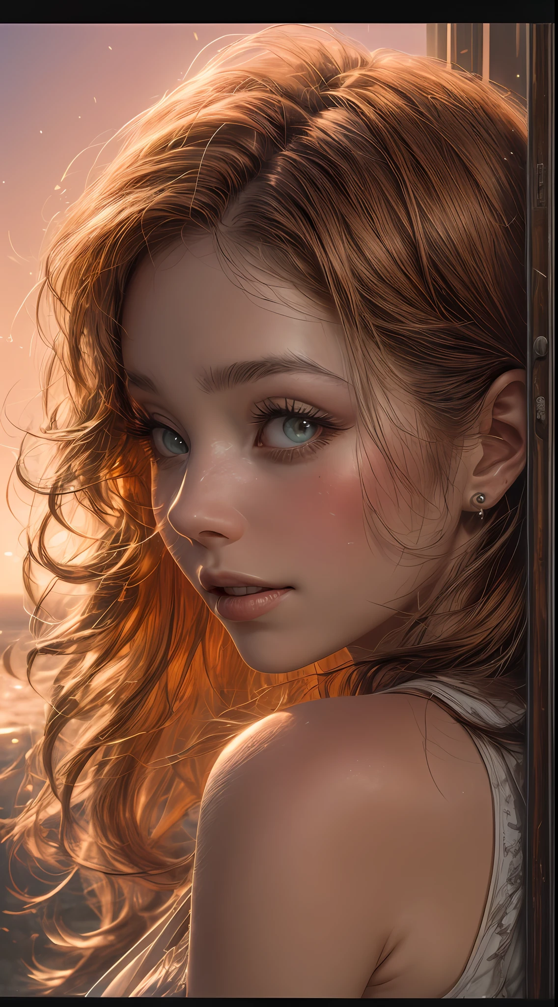 女性の顔のクローズアップ, 温かみのあるオレンジ色に染まった, まるで夕焼けの柔らかな光に照らされているかのように, 彼女の目は喜びと満足で輝いていた, 流れるような栗色の髪に囲まれた, 写真, 35mmレンズで撮影