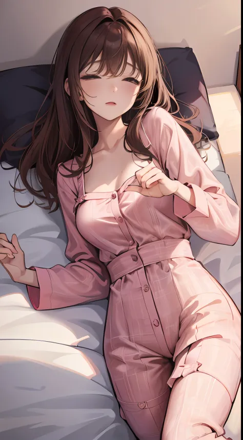 Sleeping girl，22 year old，realisticlying， in pink pajamas，brown  hair， Pajamas tugging， The collar is around the neck， janelas， ...