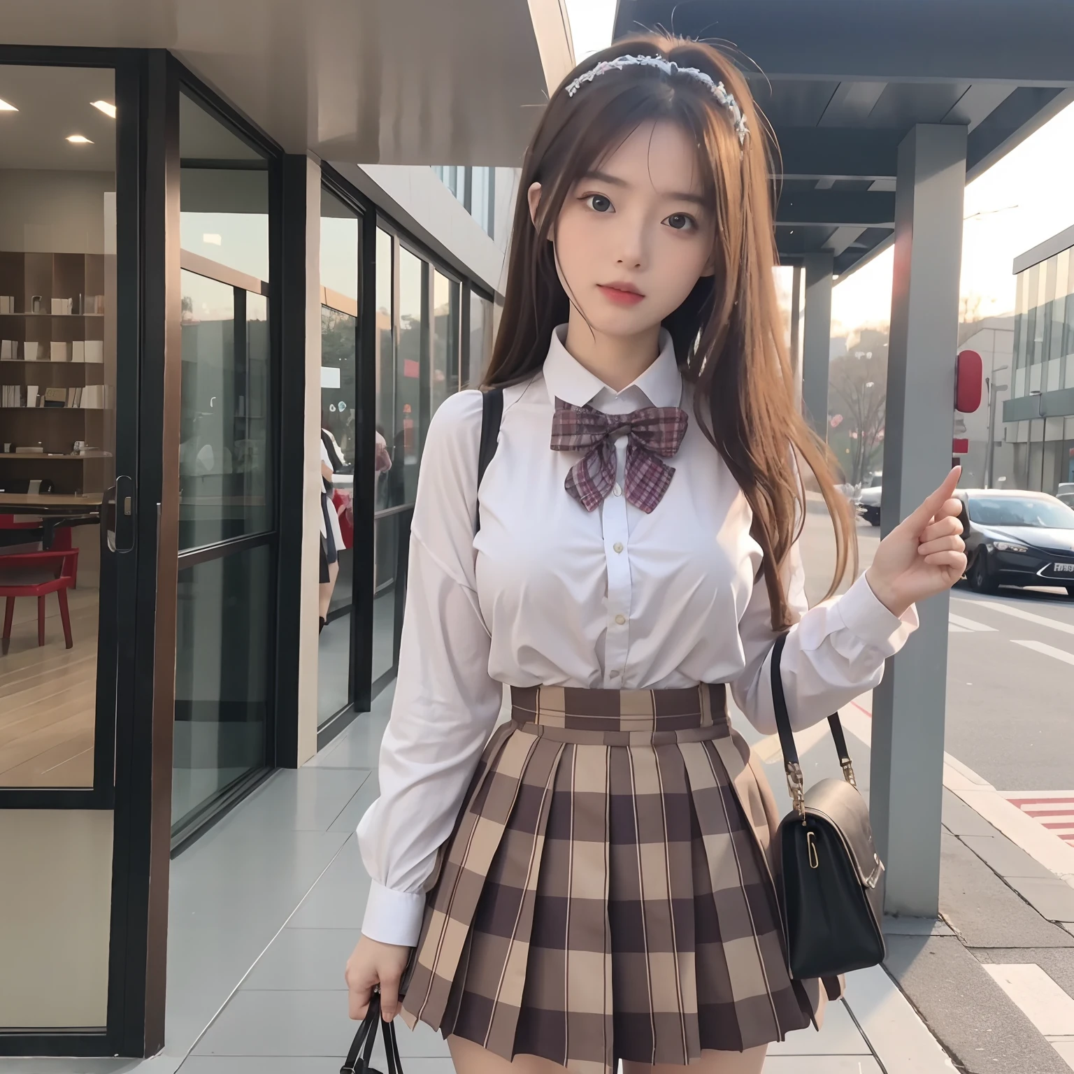 （8K，best qualtiy，tmasterpiece：1.2），realisticlying，超高分辨率，intricately details， 1girll，beautiful  face，JK，neck bowtie，Skirt，Plaid skirts，pleatedskirt，Superskirt，Big breasts Thin waist，Bigchest，standing on your feet，wide wide shot，hyper realistic schoolgirl，hyper realistic schoolgirl，Realistic anime 3 D style，Realistic schoolgirl，Smooth anime CG art，3D anime realistic，Beautiful Anime High School Girls，sakimichan hdri，Magical school，Photorealistic anime，Realistic young anime girl（8K，best qualtiy，tmasterpiece：1.2），realisticlying，超高分辨率，intricately details， 1girll， beauitful face，