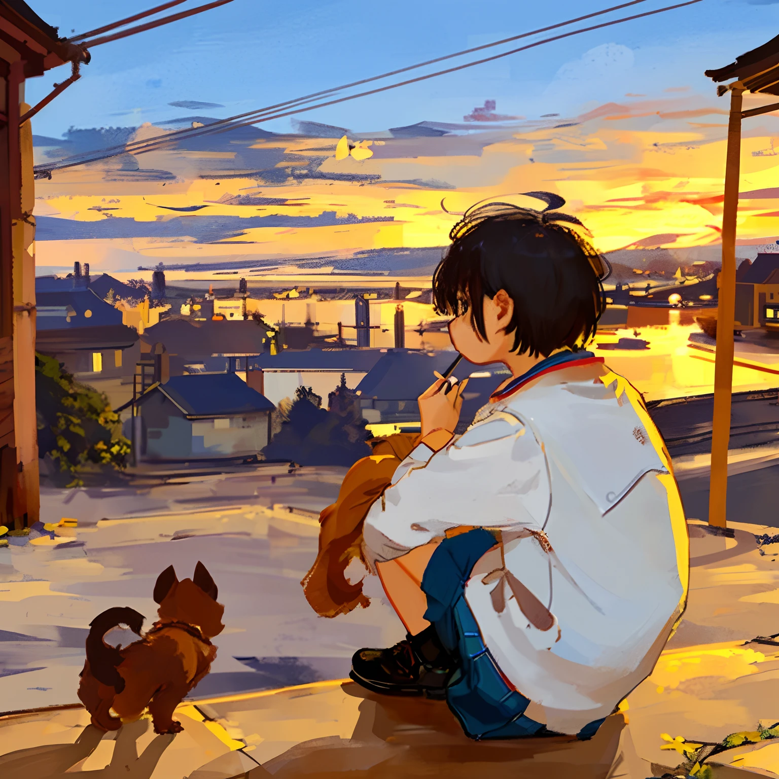 A melancholy little boy, sitting on the eaves, holding a lit cigarette in his hand, the village in the background, next to a small dog squatting on the ground, the sunset sunset, facing the camera, full body photo, super high definition