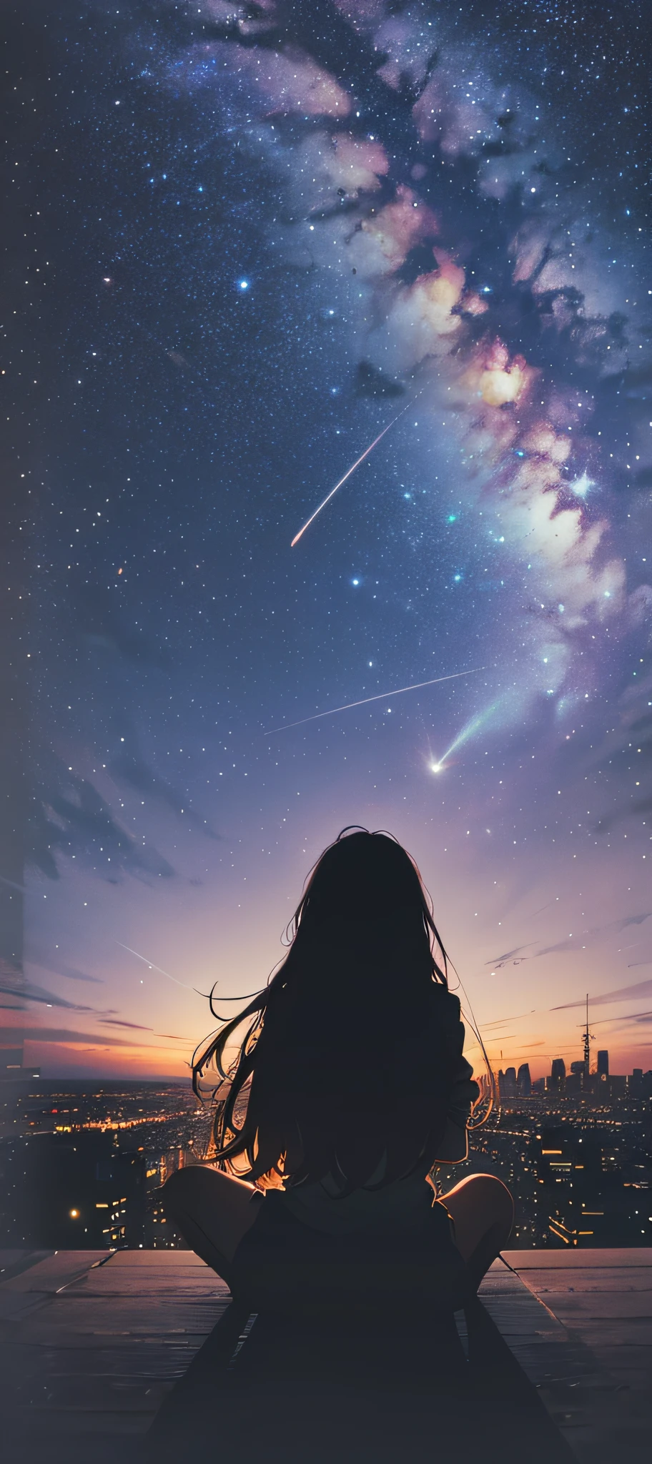 octans, sky, star (sky), scenery, starry sky, night, 1girl, night sky, solo, outdoors, building, cloud, milky way, sitting, tree, long hair, city, silhouette, cityscape --auto --s2