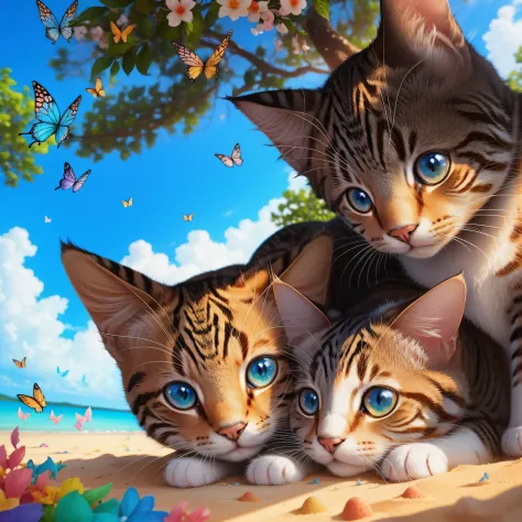 Cat frolicking with butterflies、Cat close-up、Cat close-up、Magical、ultra-detailliert、Super masterpiece、vivd colour、colourfull、One Cat、lithe body、round and clear eyes、round and clear eyes、Iridescent eyes、Iridescent eyes、Super masterpiece、vivd colour、colourfu...