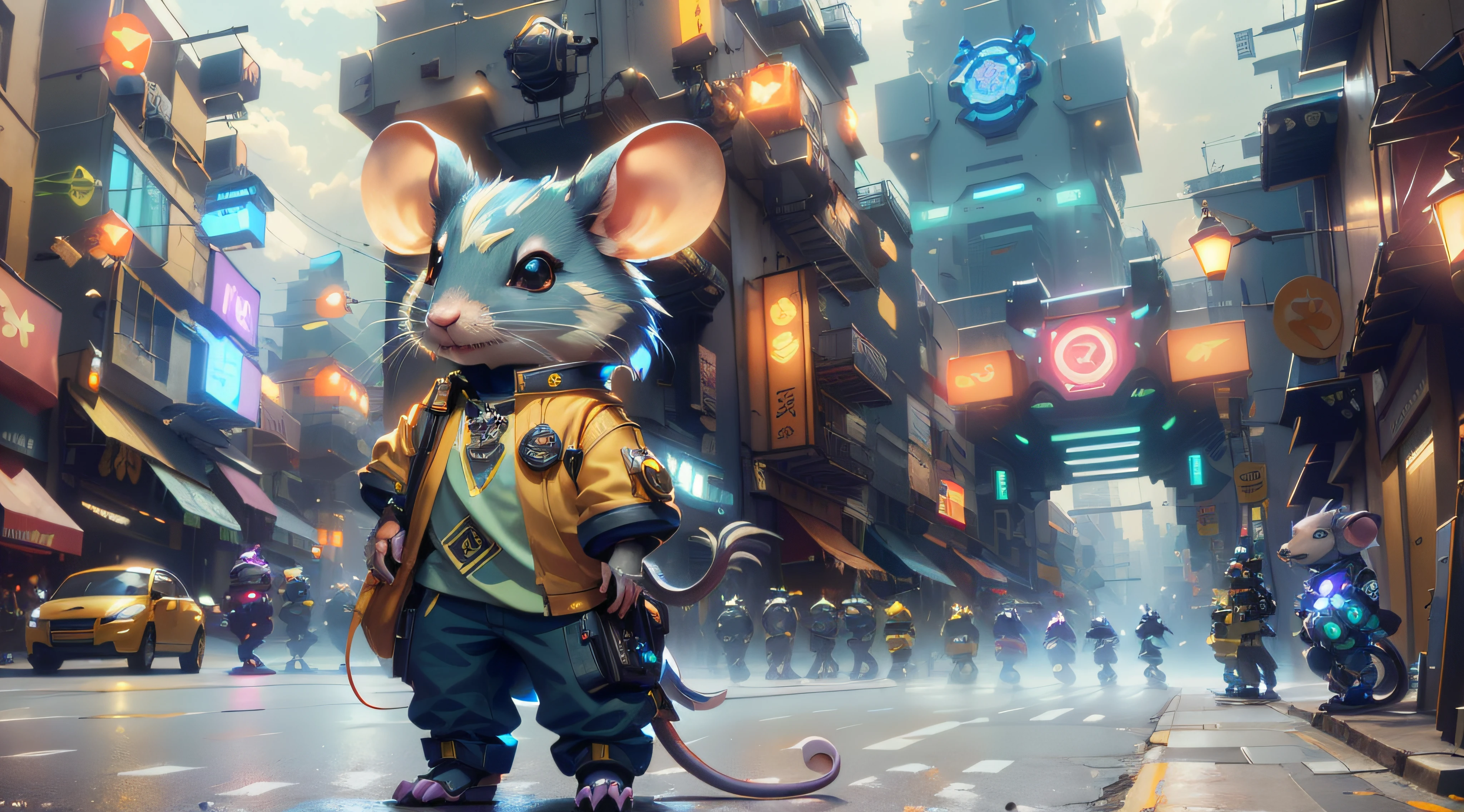 There's a cartoon rat standing on a city street, Cyberpunk Mouse Folk Engenheiro, rato ciborgue, tipo de rato mecha, anthropomorphic mouse, bipe e Jeremias Ketner, Directed by: Ryan Yee, rato maplestory, rato steampunk, Ross Tran 8 K, Directed by: Jeremy Chong, por Mike "bipe" Winkelmann, Greg bipe,  Vencedor do concurso Artstation, rossdraws global illumination,  trending in the artstation, trending on ArtStation:3, 3 d render arte do caractere 8 k, rossdraws volumetric lighting, Ross Tran 8 K