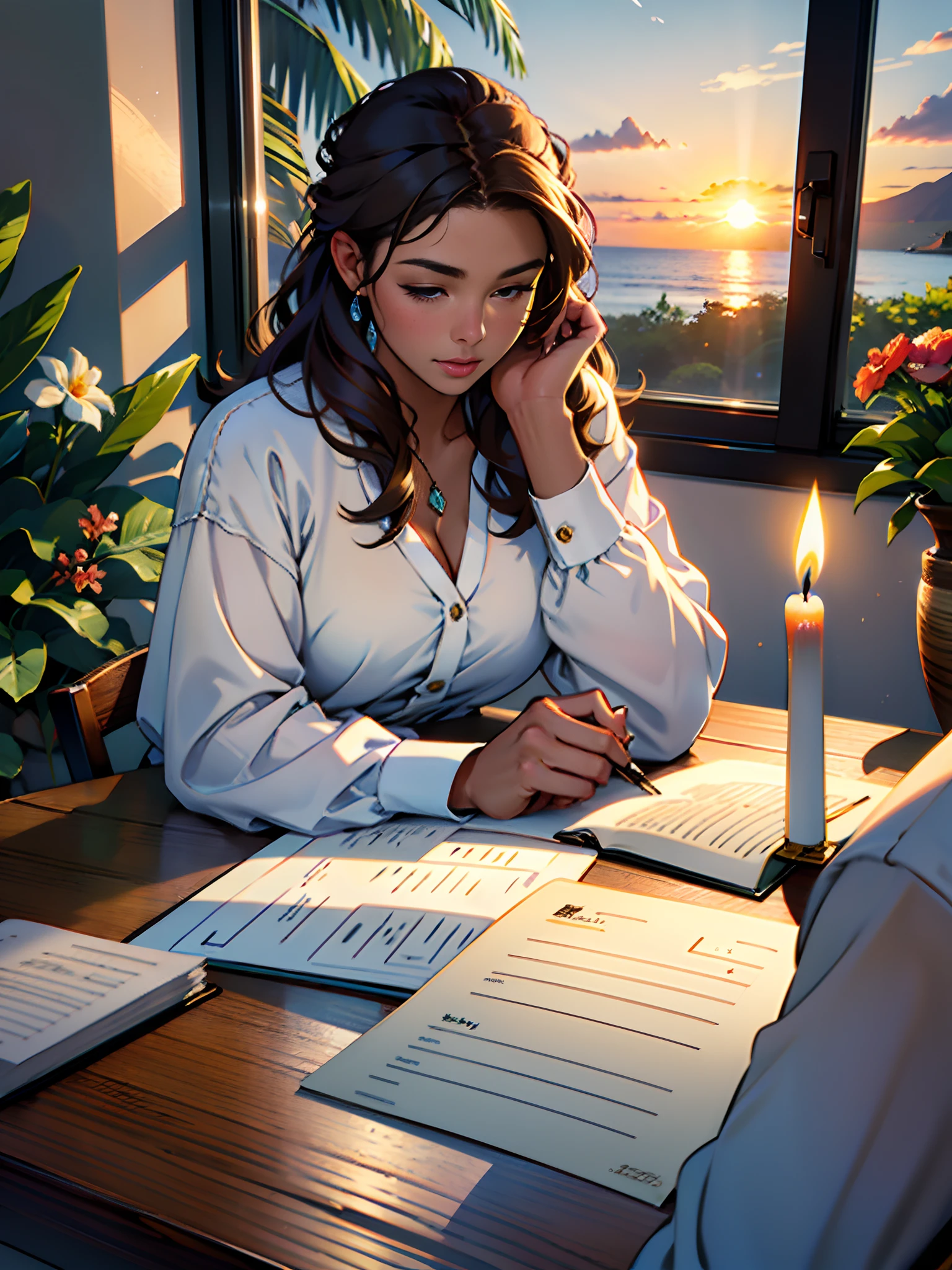 Beautiful woman with brown hair, fair skin, loose hair, sitting at the table, having a cup of coffee, writing in a notebook. On the table has a candle accesses, a cup of coffee, some flowers. Through the window it is possible to observe the sunset Hawaii Lahaina illuminates the whole environment.