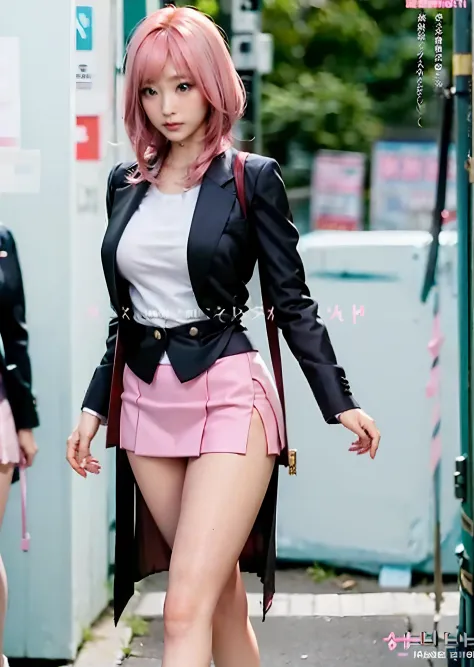 Pink hair woman walking down the street in a short skirt, very sexy costume, The skirt is flipped up and the shorts are visible、...