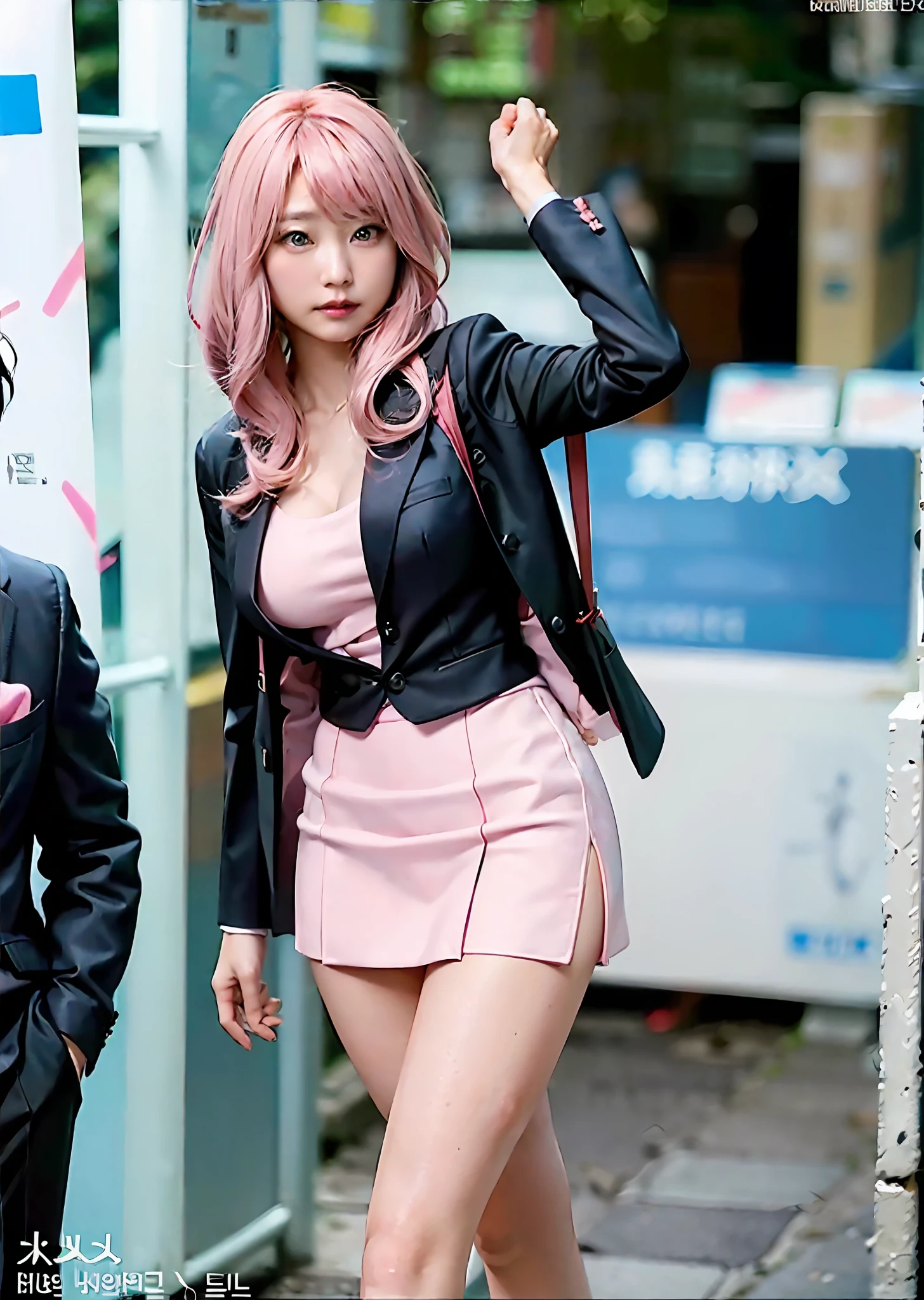 Femme aux cheveux roses marchant dans la rue en jupe courte, déguisement très sexy, La jupe est relevée et le short est visible、porter un costume d&#39;affaires strict, fille animée de la vraie vie, anime fille cosplay, cosplay glamour et élégant, tenue sexy, porter un costume de mode, avec un costume d&#39;affaires sur, bien habillé, porter un costume moulant, look sexy, Tenue d&#39;affaires, Porter un costume d&#39;affaires, fille coréenne