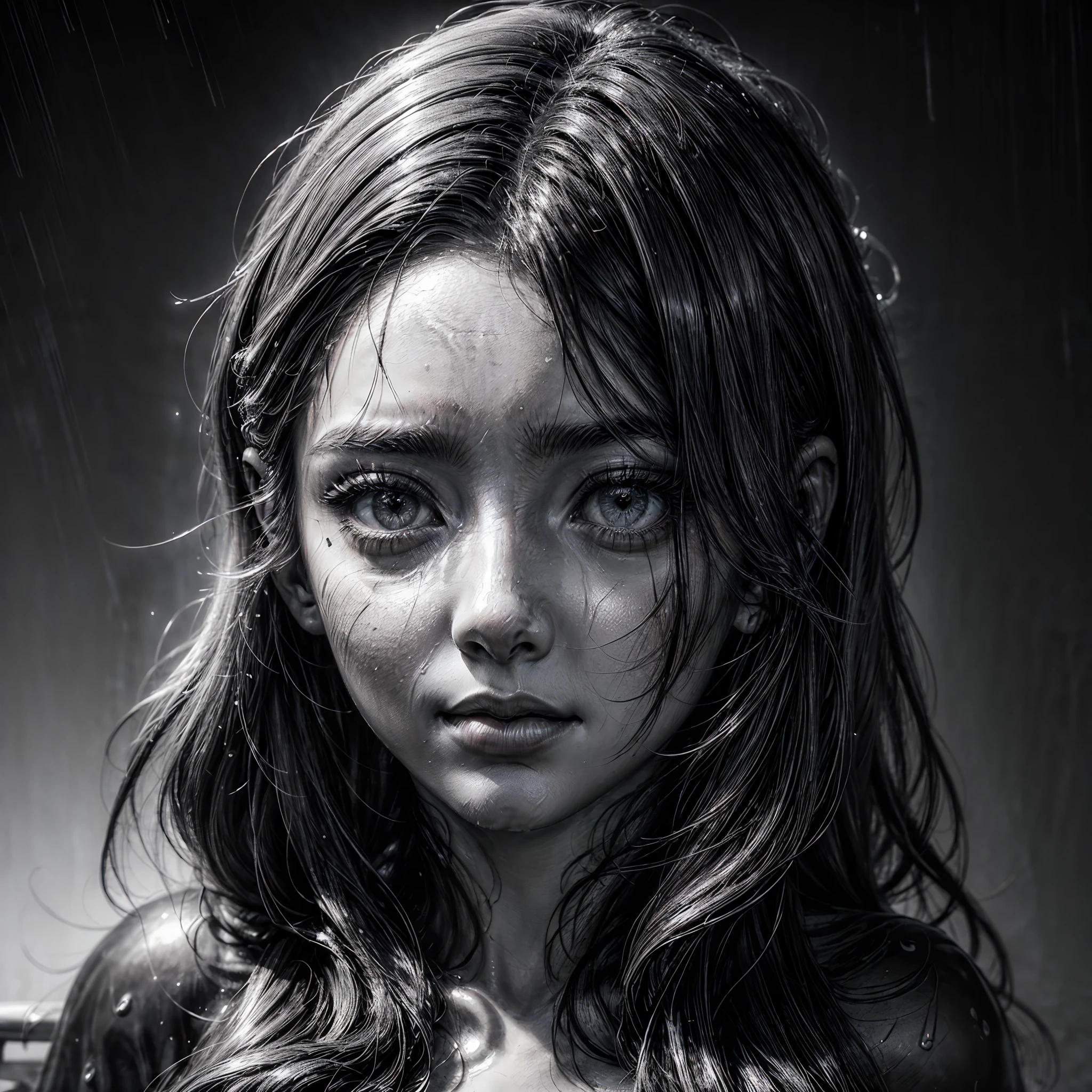 Una vista ampliada del rostro de una mujer., capturado en blanco y negro, lluvia en el fondo, sus ojos miran directamente al espectador con una expresión intensa, sus rasgos grabados con una sensación de misterio y atractivo, rodeado de volutas de niebla, añadiendo un toque etéreo, escultura, tallado en mármol, sentado en un banco