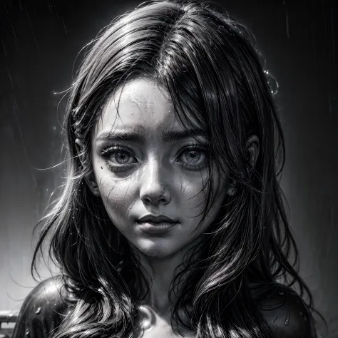 A zoomed-in view of a woman's face, captured in black and white, Rain in the background, her eyes gazing directly at the viewer ...
