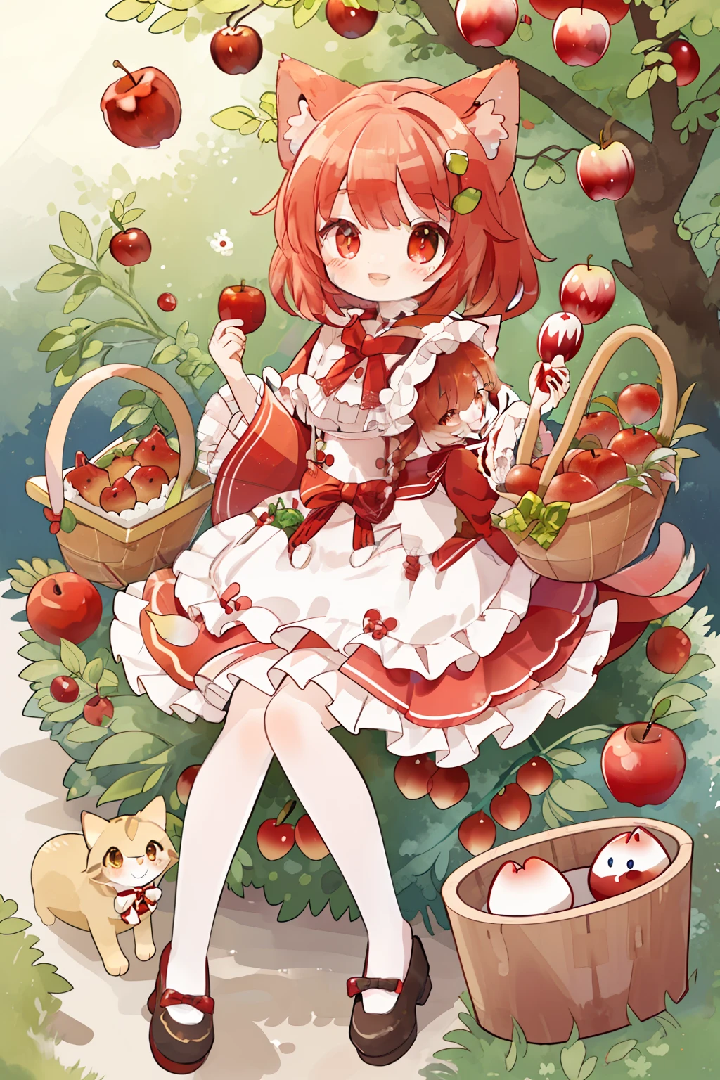 Кошачий персонаж、Красная Шапочка、в лесу、2 головы, тело、Улыбающаяся улыбка、корзина с яблоками、и души、нет_человек