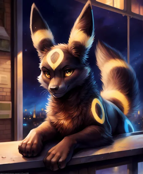 best quality, high quality, hi res, city,public,detailed background, detailed fur, BREAK ((a male feral umbreon)), on side,cute expression,, by kenket, by totesfleisch8, (by thebigslick, by silverfox5213:0.8), (by syuro:0.2), chee-riee,