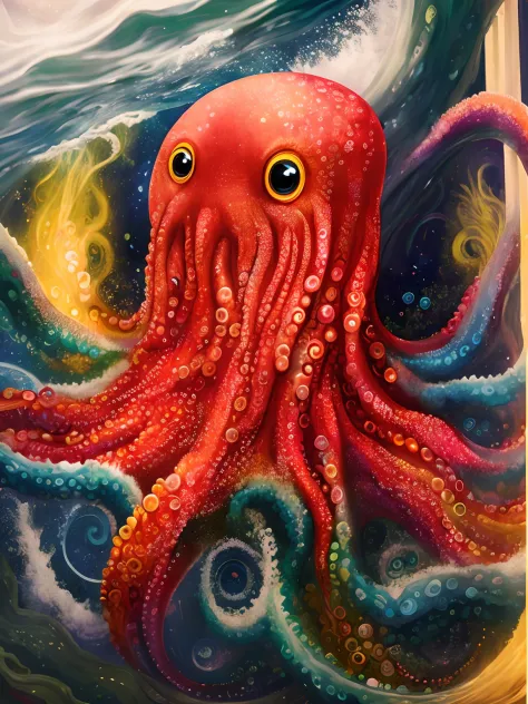 The octopus in the sea has a smile on its face, super nova octopus, vivid tentacles, anthropomorphic octopus, Beeple and Jeremiah Ketner, tentacles around, cthulhu rising from the ocean, cthulhu squid, tentacled creature mix, kaiju cephalopod, cyborg octop...
