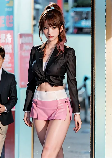 Pink hair woman walking down the street in a short skirt, very sexy costume, The skirt is rolled up.、Shorts are visible、flaxen p...