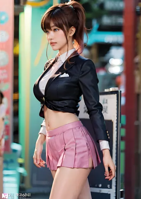 Pink hair woman walking down the street in a short skirt, very sexy costume, The skirt is rolled up.、Shorts are visible、flaxen p...