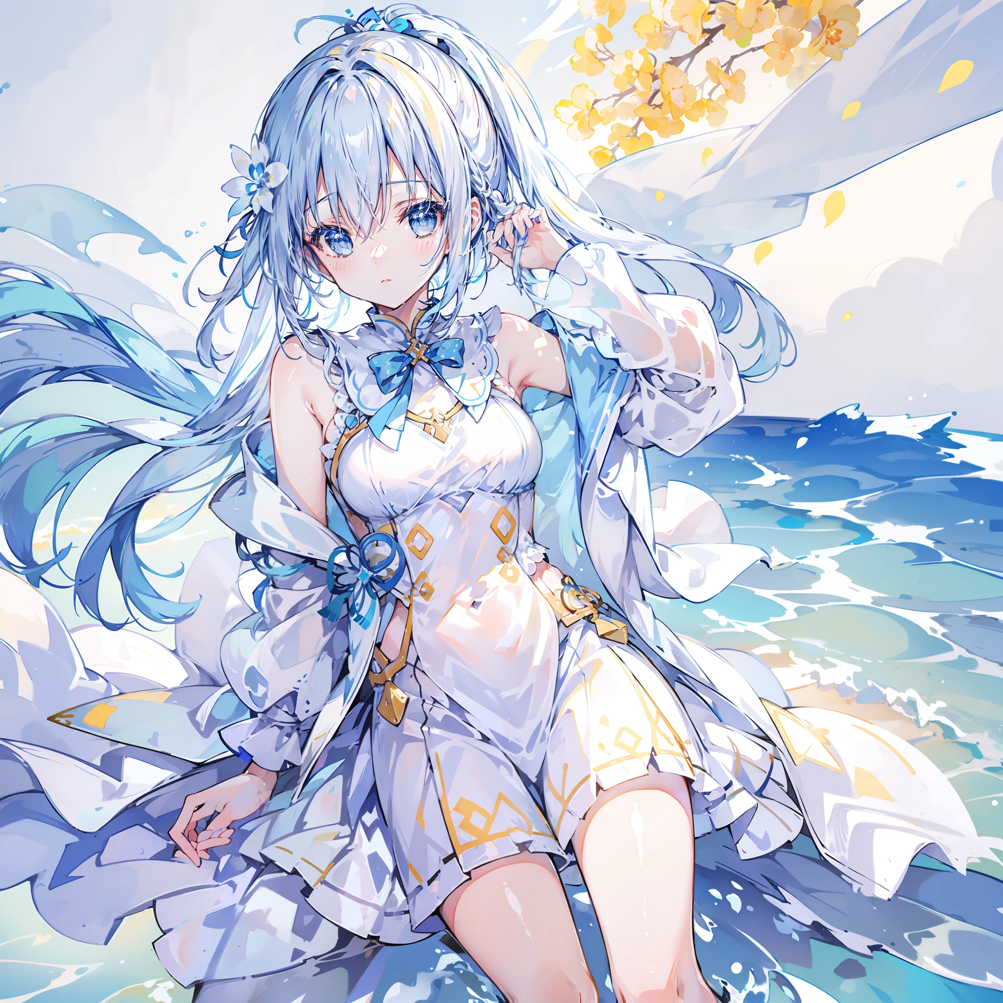 Against the background of the element of water，Light blue double ponytail hair，Yellow bells hang from his hair，Blue and white clothes with milk，Cute cute girl