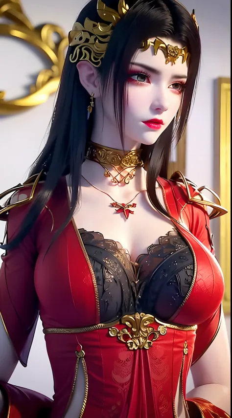 1 very beautiful queen medusha in hanfu dress, thin red silk shirt with many yellow motifs, black lace top, long hair dyed black...