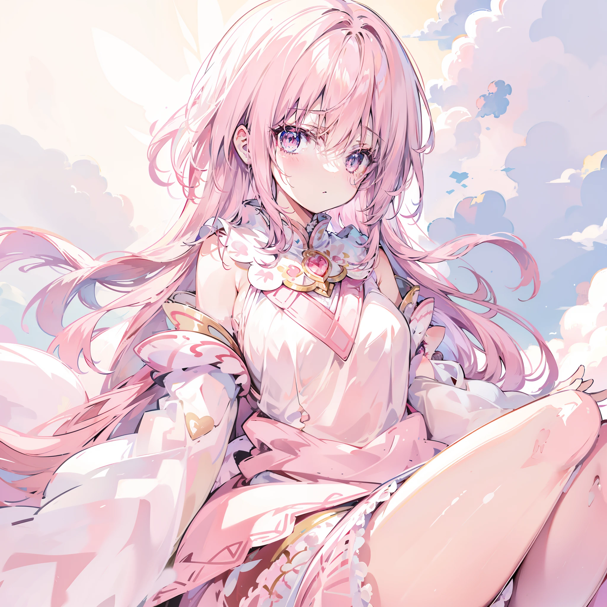 Fantastic background on clouds，with pink hair，Red pupils，Soft and creamy white clothes，There are pink shawls，It has a cute and milky big collar，Cute little girl，Two-dimensional style