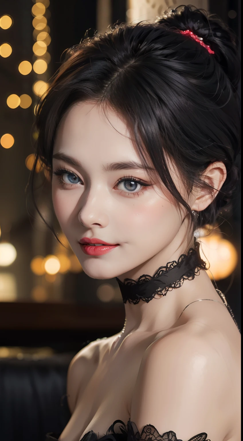 close up, (neon, night view, Dutch angle, from above, strapless: 1.3), masterpiece, best quality, raw photo, photorealistic, off shoulder, black lace dress, black choker, yellow eyes, reddish, updo, upper body, neckline, facelight, shiny skin, film grain, chromatic aberration, absurdres, highres, ultra detailed, finely detailed, detailed eyes and face, sharp pupils,  realistic pupils, sharp focus, dark hair, in a room, lights off, happy expression, smiling