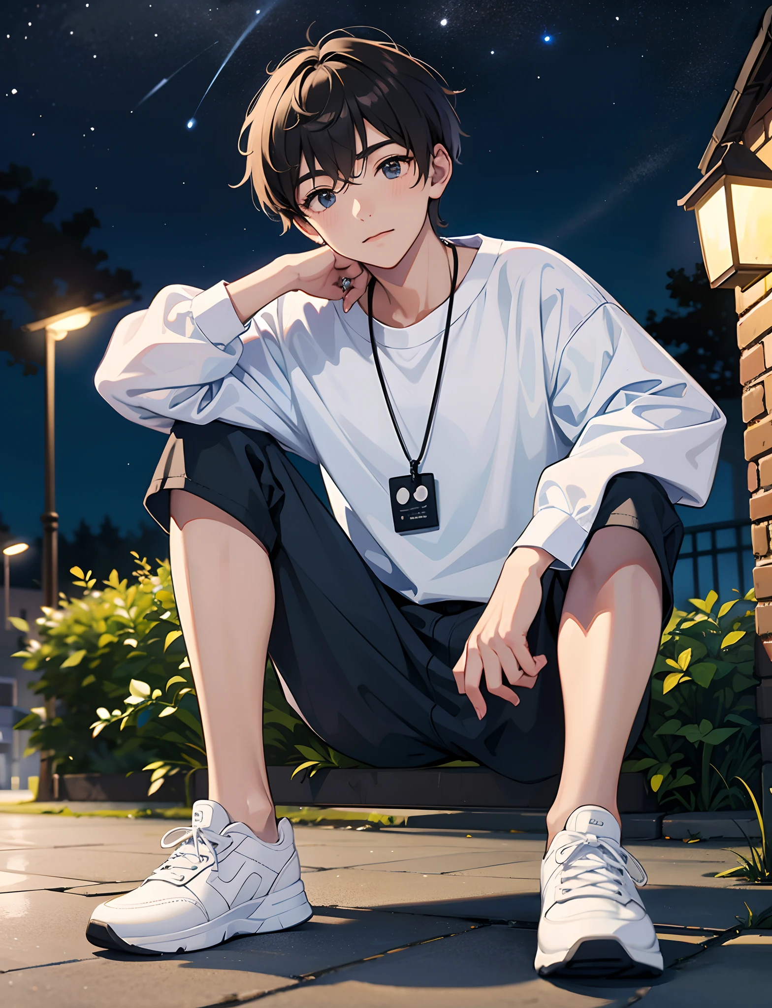 A young boy with，dressed in casual attire，Wear sneakers，With a necklace，Sit under a street lamp，the night，Looking at the stars in the sky，Close-up of people，Ultra-high definition
