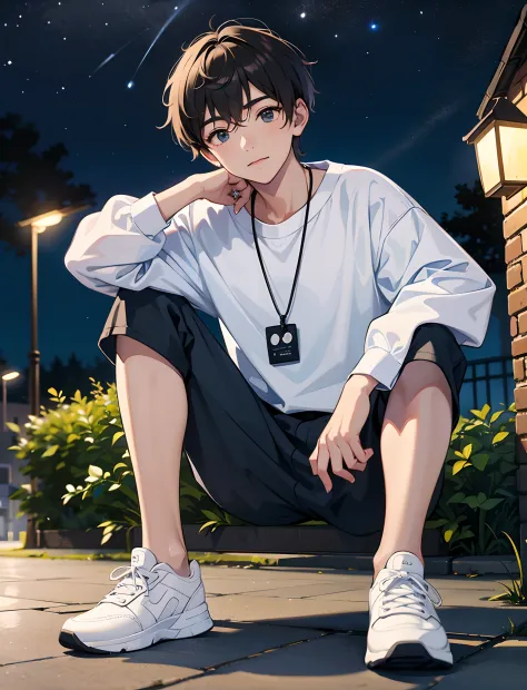 A young boy with，dressed in casual attire，Wear sneakers，With a necklace，Sit under a street lamp，the night，Looking at the stars i...