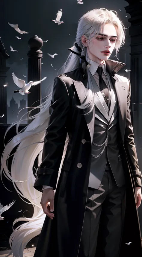 silver hair，outrageously long straight hair，low ponytail，semi-closed eyes，melancholy boy in a long black trench coat，black shirt...