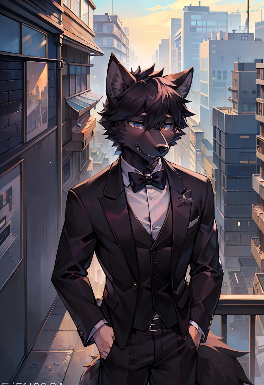 (furry art, uploaded on e621:1.4), (masterpiece:1.3), (best quality:1.2),(2D:1.0), (anime:1.0), (illustration:1.0), (sharp:1.2), (light_environment), (city), (clear, shiny:0.8), (impasto:1.1), (ultra-detailed:1.0) (1boy, solo), black, (anthro furry:1.6), (anthro_male_wolf:1.2), (black fur:1.6), tuxedo, long pants, pov from below