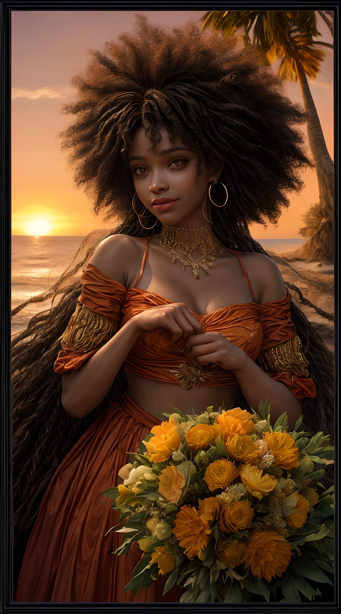Um close-up do rosto de uma mulher afro-americana, banhado em tons quentes de laranja, como se iluminado pelo brilho suave de um pôr do sol, seus olhos brilhando de alegria e contentamento, emoldurados por fios de cabelo esvoaçantes, fotografia, fotografada com uma lente de 35mm