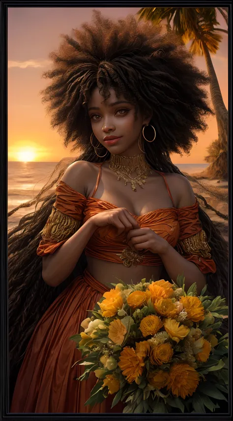 Um close-up do rosto de uma mulher afro-americana, banhado em tons quentes de laranja, as if illuminated by the soft glow of a s...