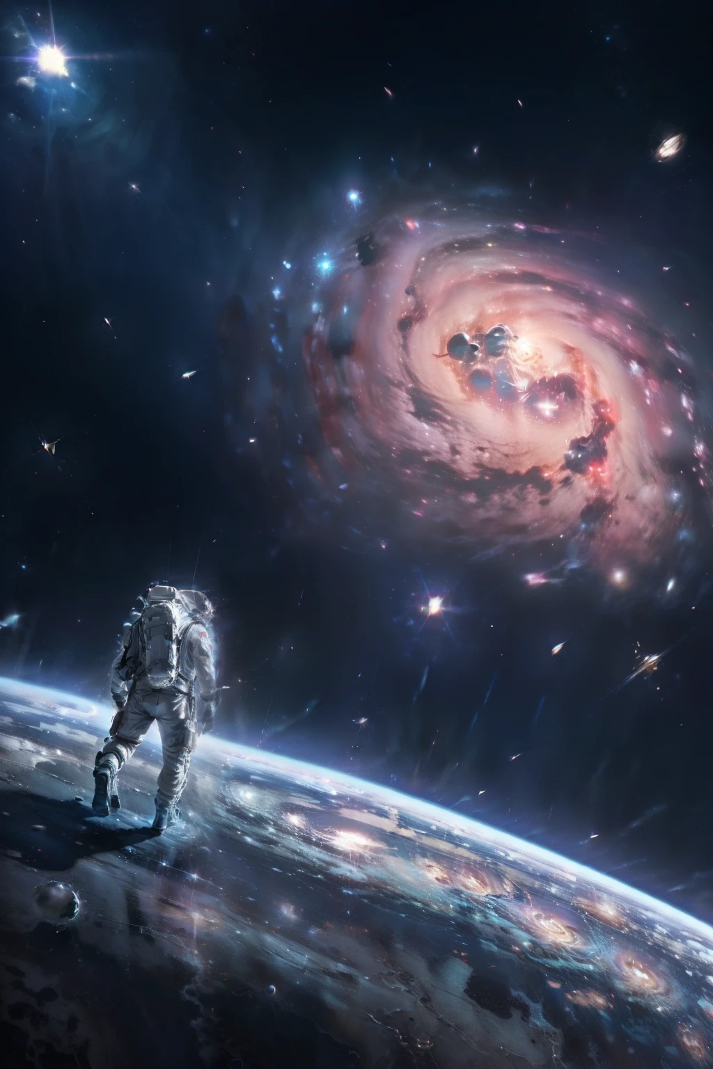 Astronautas caminham na superfície da lua ，Longe está a Terra。A nebulosa é brilhante。Cinema lenses。