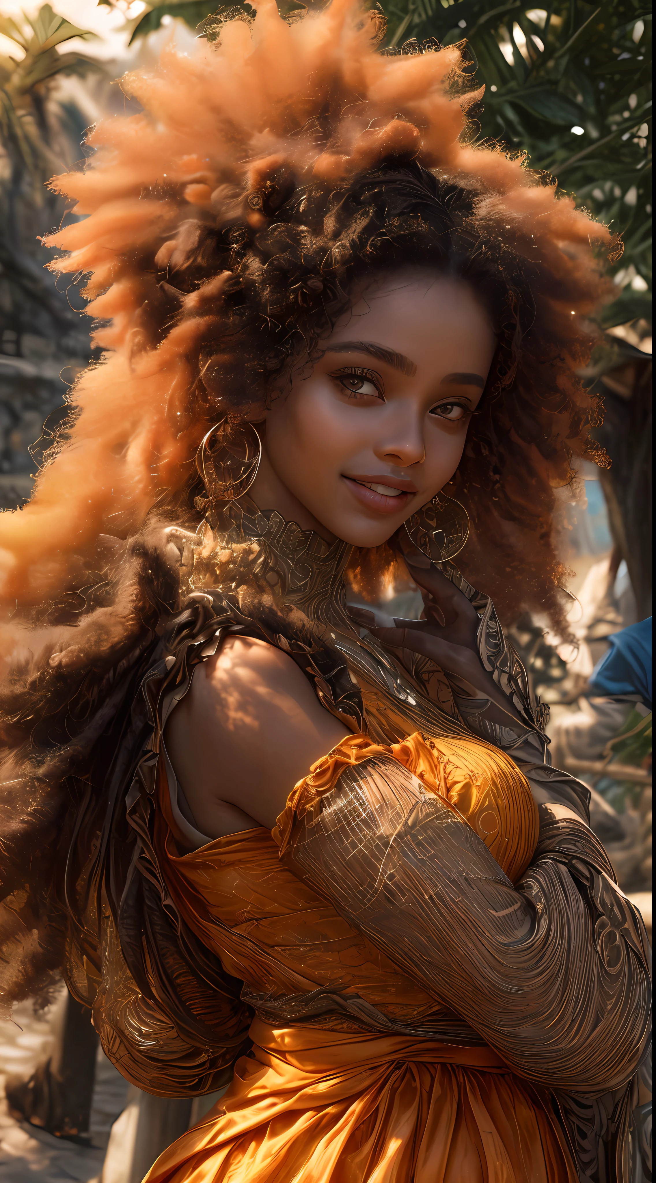 A close-up of an African-American woman&#39;s face, bathed in warm shades of orange, as if illuminated by the soft glow of a sunset, your eyes shining with joy and contentment, framed by flowing strands of hair, fot, photographed with a 35mm lens