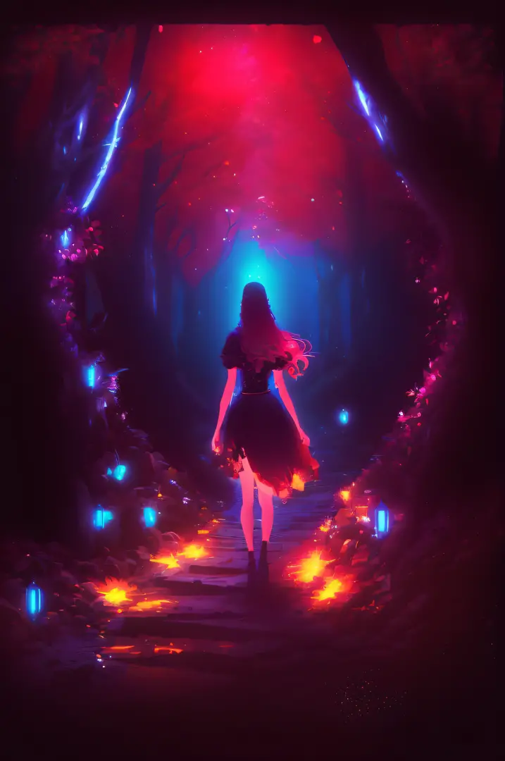 a woman walking down a path in a dark forest with glowing lights, inspired by cyril rolando, by cyril rolando, in style of cyril...