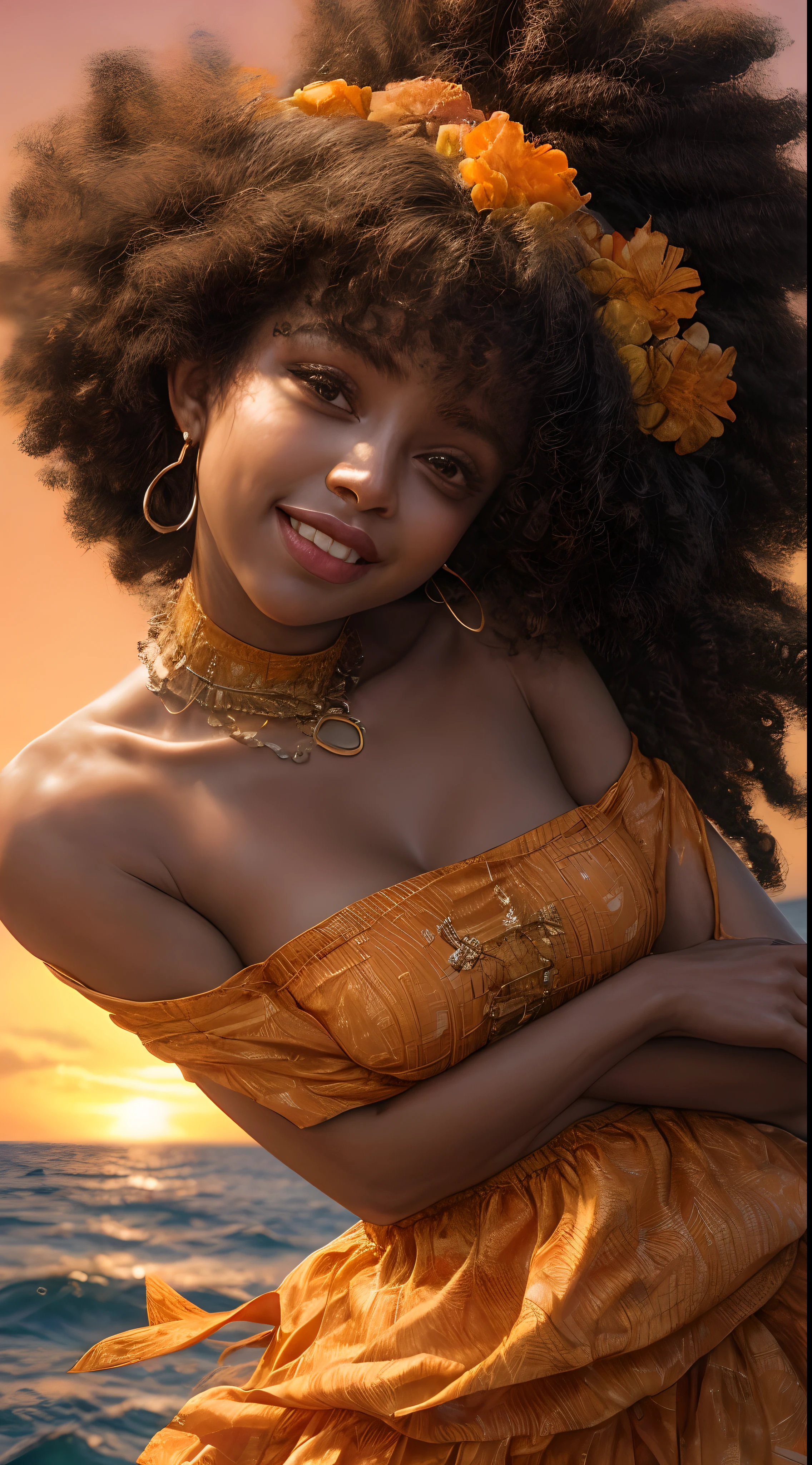 Eine Nahaufnahme des Gesichts einer afroamerikanischen Frau, in warme Orangetöne getaucht, wie vom sanften Schein eines Sonnenuntergangs beleuchtet, Deine Augen strahlen vor Freude und Zufriedenheit, umrahmt von wallenden Haarsträhnen, Fotografie, Fotografiert mit einem 35-mm-Objektiv