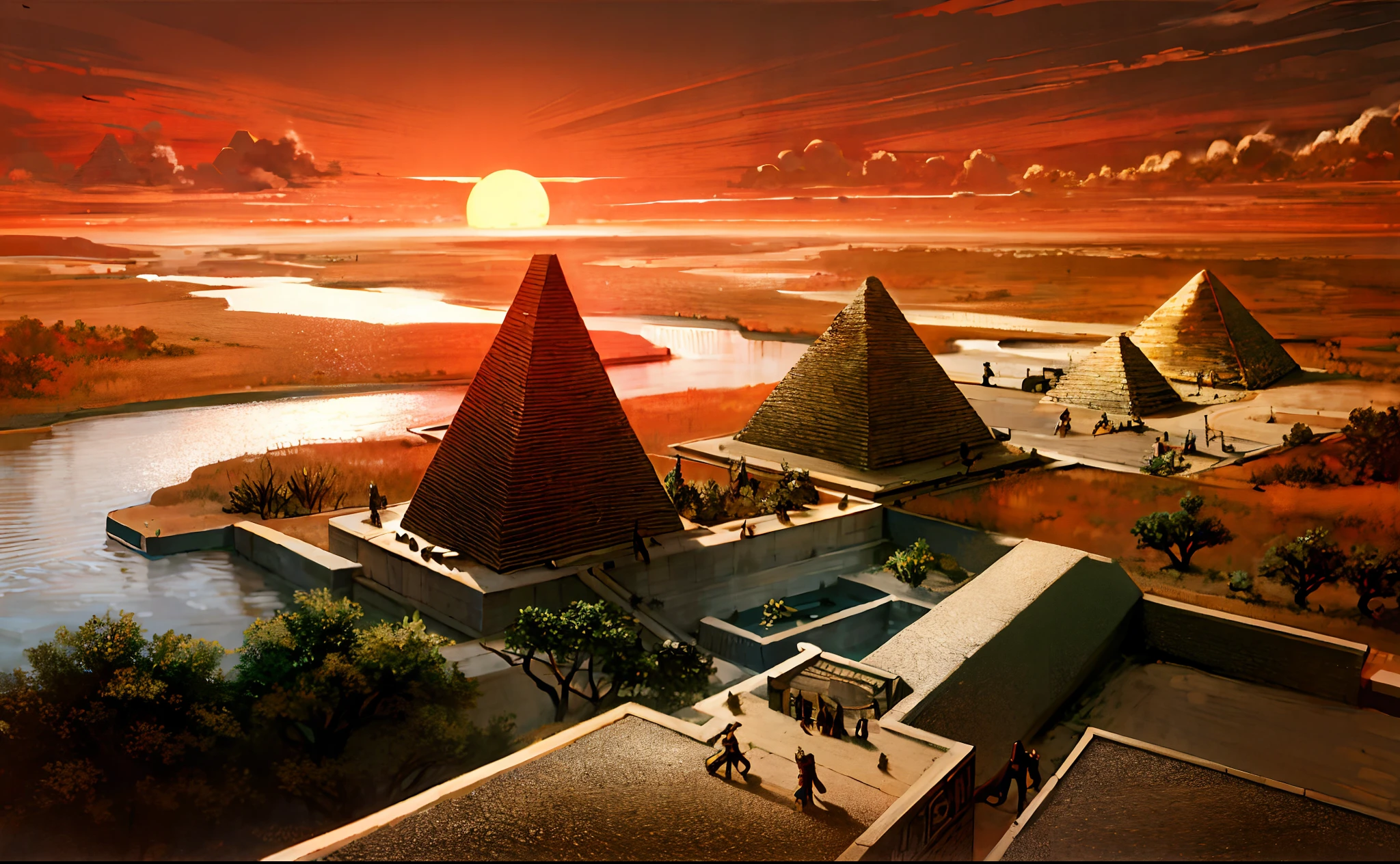고대 이집트 문명，와이드 와이드 샷，나일 강，피라미드，지는 해，강은 수평선까지 뻗어있다，서사적 감각，웅장함