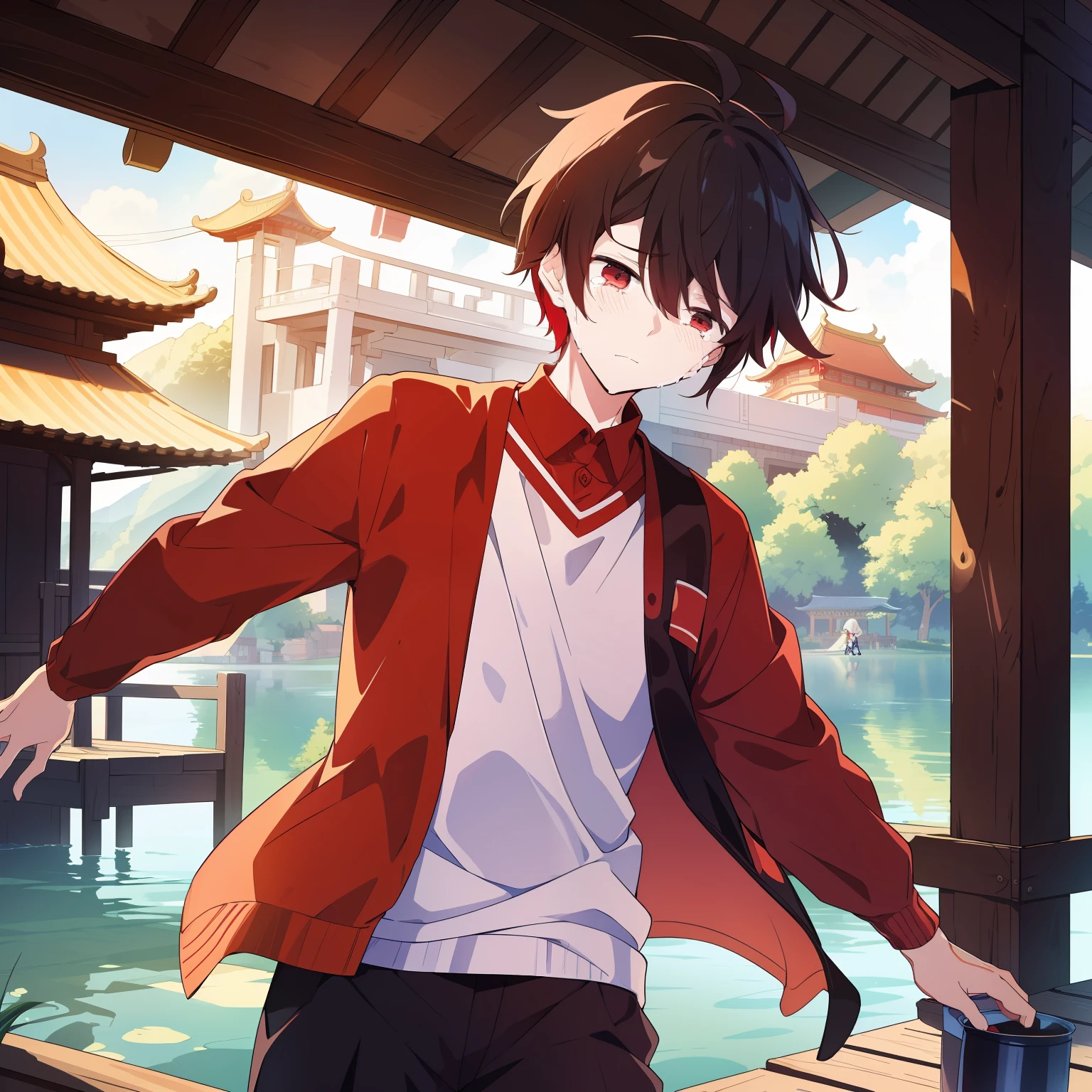 (2 people) (Qi Xuan sees me and runs towards me, his eyes are red and tearful) (Background: a pavilion with a lake)