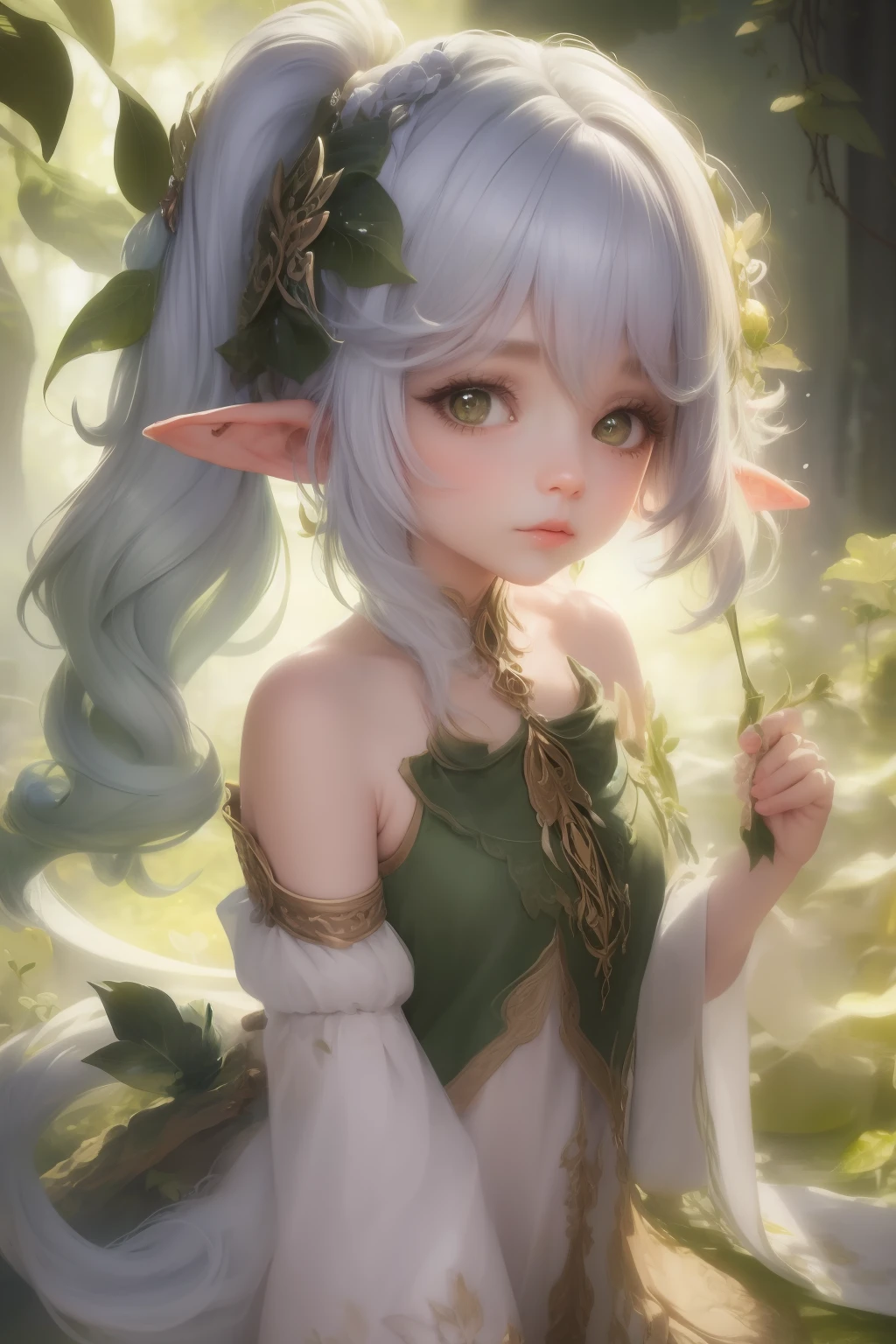 C&#39;est une peinture à couper le souffle présentée sous forme d&#39;art numérique. A pintura retrata uma belle et élégante elfe com cabelos brancos, anime girl aux cheveux blancs et aux yeux verts portant une robe blanche, personnage elfe avec un rire, belle et élégante elfe, très beau portrait de fée, elle est pleine de fées. Avec de longues oreilles et une apparence mignonne et charmante, l&#39;elfe a la peau blanche, dégageant un tempérament extraordinaire qui donne aux gens un sentiment surréaliste. L&#39;œuvre présente un réalisme extrême et est aussi captivante qu&#39;une poupée de porcelaine moelleuse..