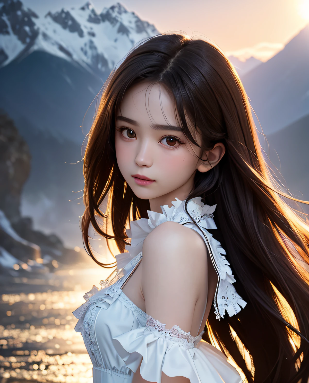 best quality, ultra hi res, photoreaslistic, a photography of a beautiful girl,  detailed face, undressing, (detailed Cropped lace blazer with a lot of frills and ribbons), Mountain, (face close up), seductive look, looking at another, random background, Sofia, 
Pure_Innocent_girl, pureerosface_v1, (upper body),  pov, (((depth of field))), pale and lustrous skin, (small breasts), neon glow, random background,  vivid,detailed, realistic, beautiful, stunning lighting, stunning reflections, sun rise, bokeh mood,  very long hair,,