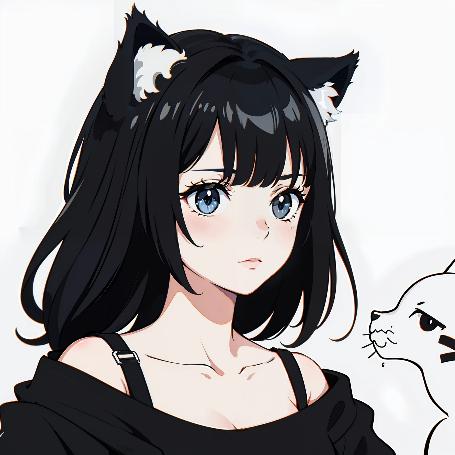 Anime girl aux cheveux noirs et oreilles de chat tenant un chat blanc -  SeaArt AI