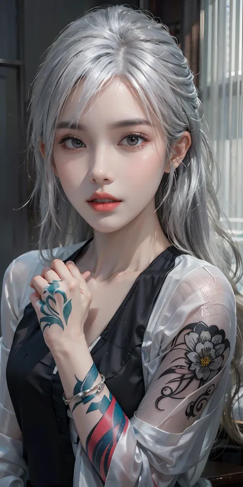 photorealistic, high resolution, soft light,1women, solo, hips up, (detailed face), silver hair, aodai vietnam, tattoo, jewelry